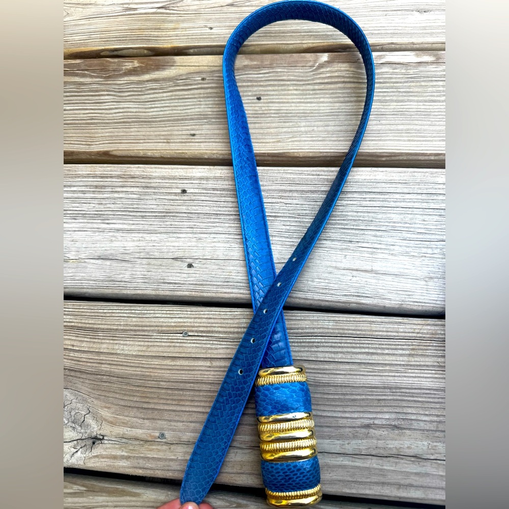 Vintage Blue genuine snake skin belt with Gold Buckle